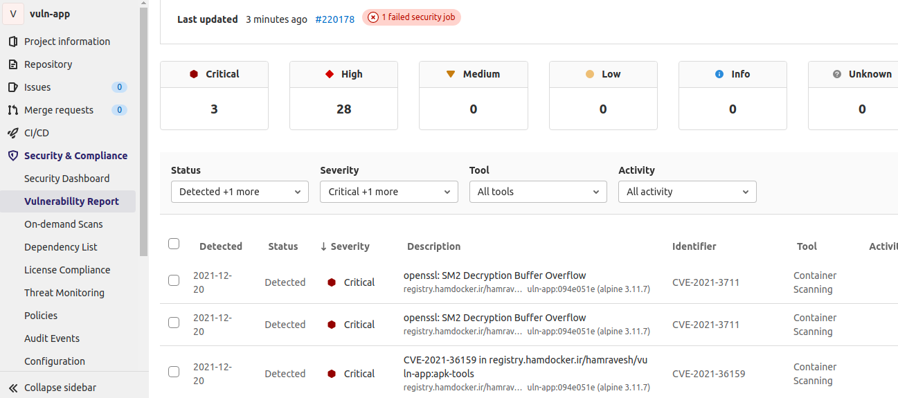 نمایش فهرست آسیب‌پذیری‌های کشف شده در این پروژه در قسمت Vulnerability Report